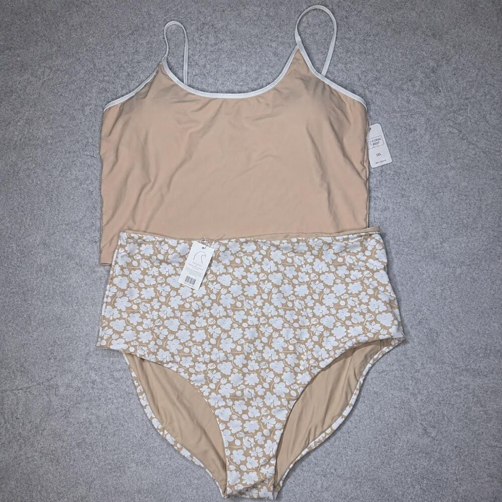 Coral Reef 3XL Tankini Swimsuit New • Pastel Tan Floral High Waisted Bikini Set